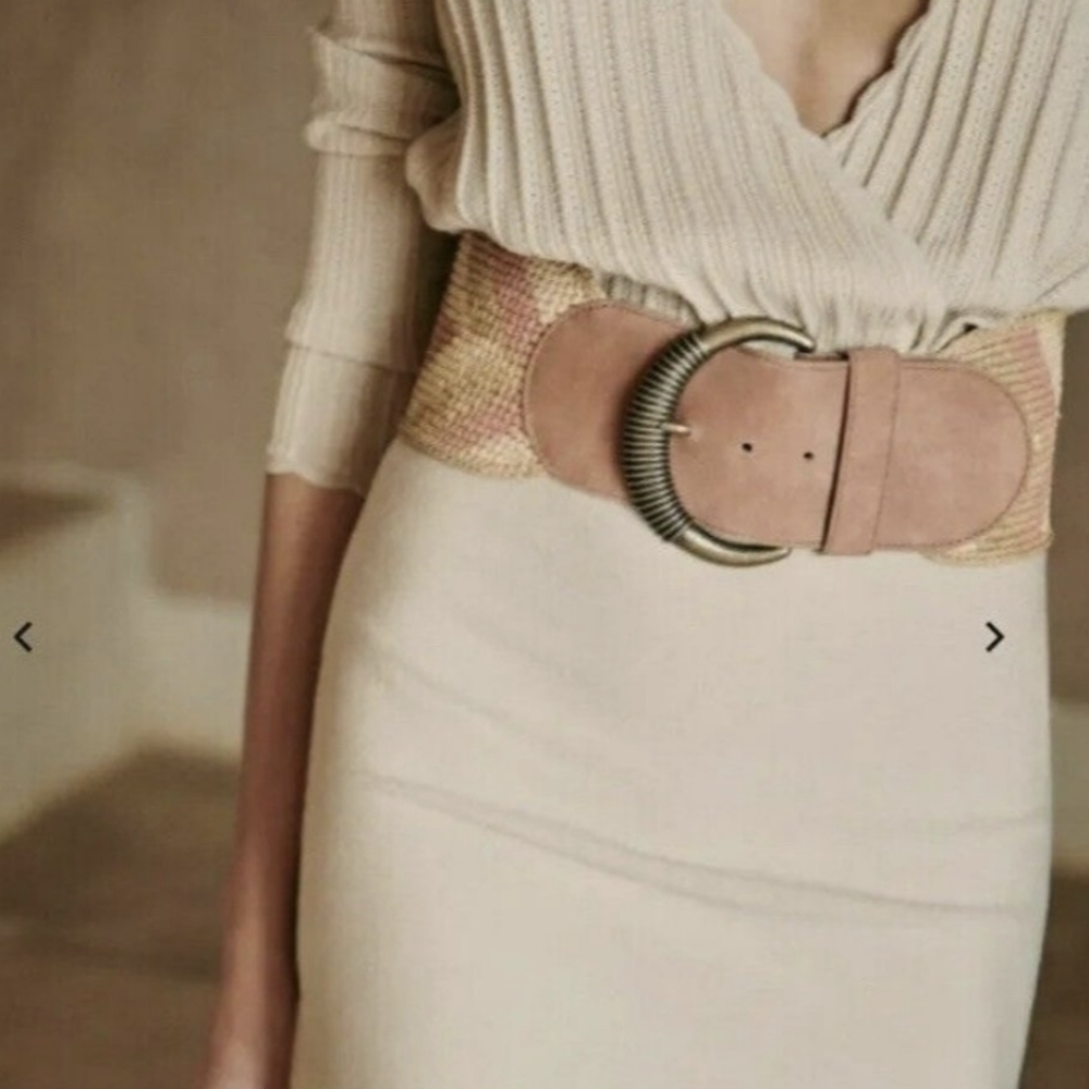 Sezane Carlie Belt in Pink Suede and Raffia Sz. T90